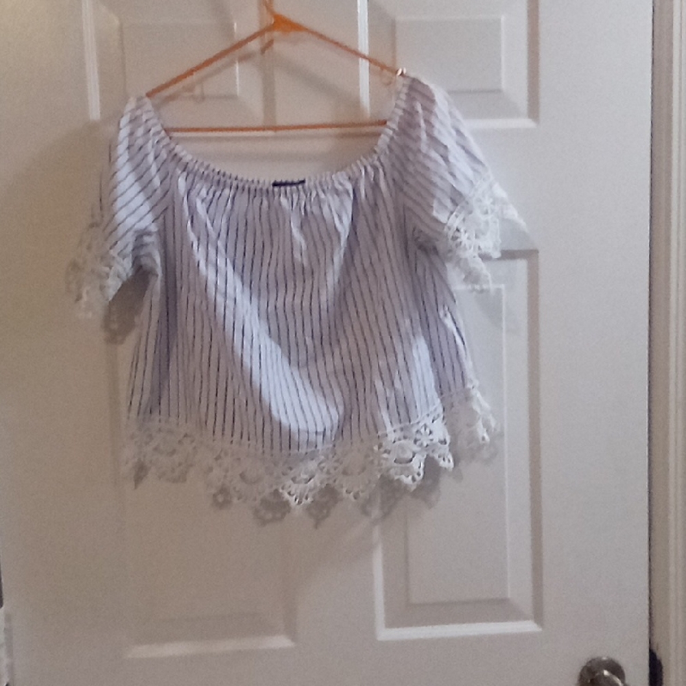Ambiance Blue and White Lace Trim Blouse